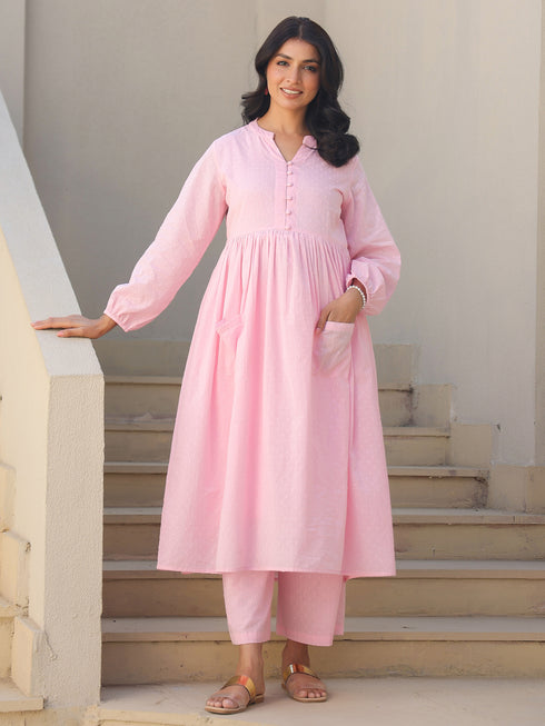 Light Pink Dobby Pure Cotton Self Design A-line Maternity Kurta Pant Set